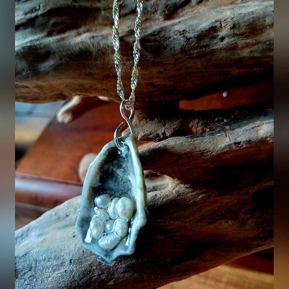 HandCrafted Oyster Shell Necklace With Freshwater Pearls With Sterling Silver